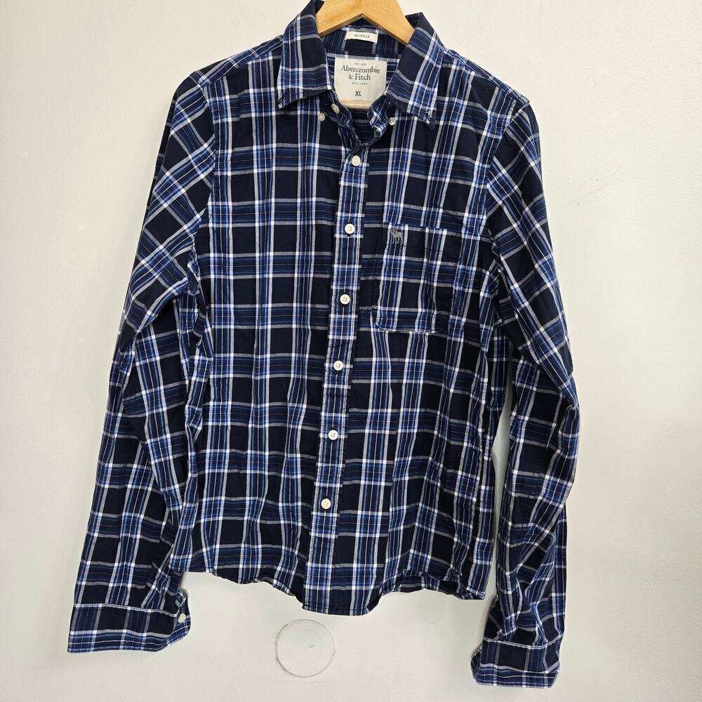 Abercrombie Fitch Men's Muscle Button-Down White Blue Shirt, Size XL